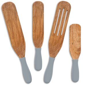 NEW 4-Piece Acacia Spurtle Set Natural Wood Gray Handles New In Box